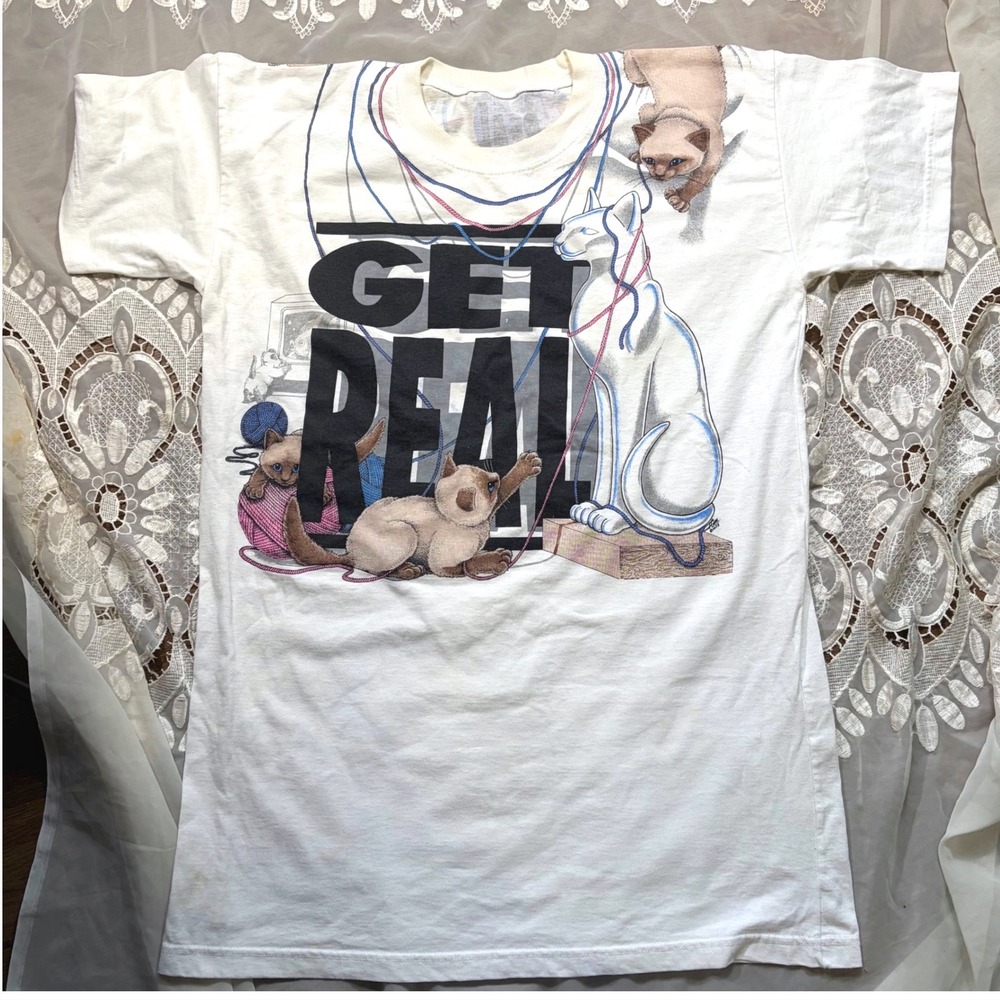 Rare Collectable Vintage 80s Siamese Cat T-Shirt White Single Stitch Graphic Tee